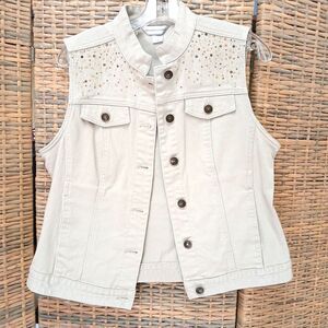 Christopher & Banks Denim Vest Small Beige Metallic Thread Jewel Bling Mock Neck